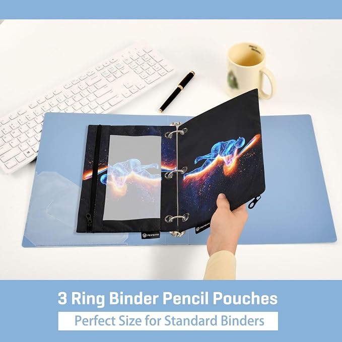 Baseball Player Binder Pouches 3 Ring for Boys Girls School Office College Supplies Softball Sports Theme Black Pencil Pouches Case Bag with Clear Window and Zipper 2 Pack