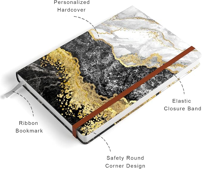 Lined Journal Notebook, Marble Hardcover, Medium 5.7 x 8.4 in, 160 Pages Thick Paper, Cute Aesthetic College Ruled Notebook for Journaling Writing Work Office School Men Women, Black White Gold