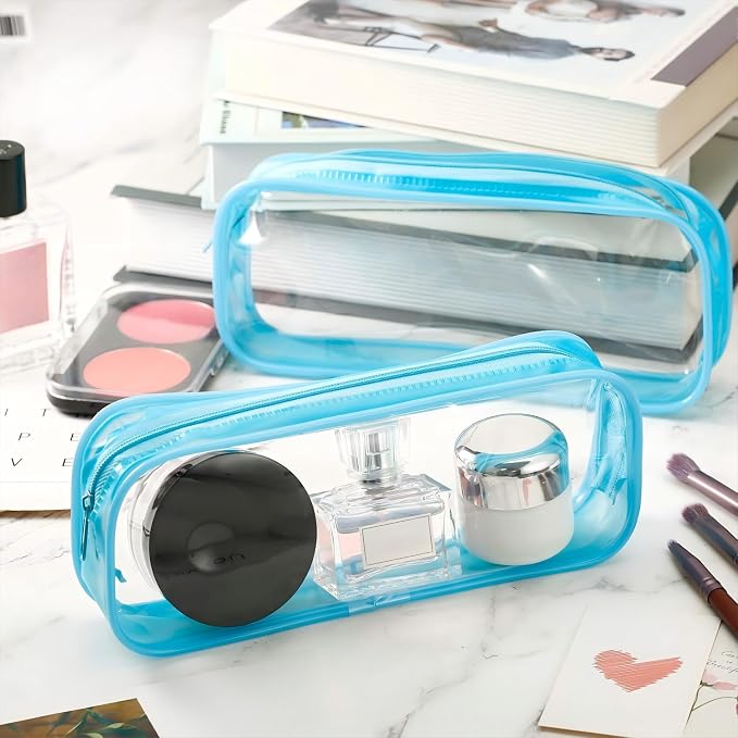 Tatuo 4 Pieces Clear PVC Bags Big Capacity Zipper Pencil Pouch Case Travel Luggage Makeup Cosmetic Bag(Sky Blue)