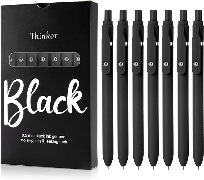 thinkor Gel Pens Black Ink, 7 Pcs 0.5mm Quick Dry Fine Point Smooth Writing Pens, Cute Office School Supplies Gifts for Women Student (7 Pcs Black - Black Ink)
