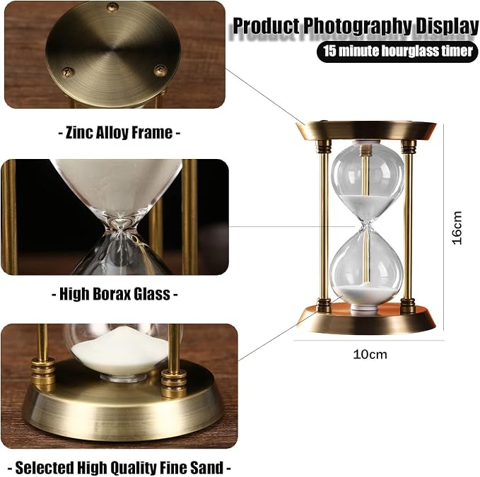Embossed White Sand Metal Glass Hourglass - 15 Min Timer for Vintage & Office Decor, Kitchen & Wedding Gifts