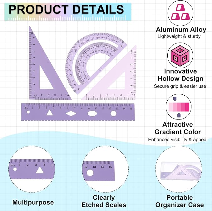 PATIKIL Geometry Set, 6 Inch Aluminum Ruler & 2 Triangles, Metal Protractor Ruler Math Drafting Measuring Tool for Home Office Math Drawing Engineering Art,Gradient Purple