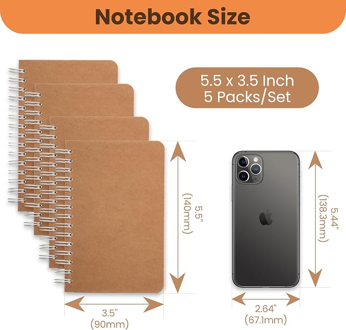 TWONE Spiral Notebook, 5 Pack Small Pocket Size Notebooks for Writing Drawing Note Taking, 3.5”x5.5”, 180 Ruled Pages, 90 Sheets