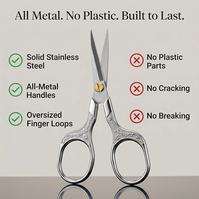 Silver Stainless Steel Scissors with Leather Cover, 5" Sharp Embroidery Scissors for Precise Cutting, Ultra-Sharp Vintage Needlepoint Snips for Yarn, Fabric & Crafts, Professional Metal Crafting Tool