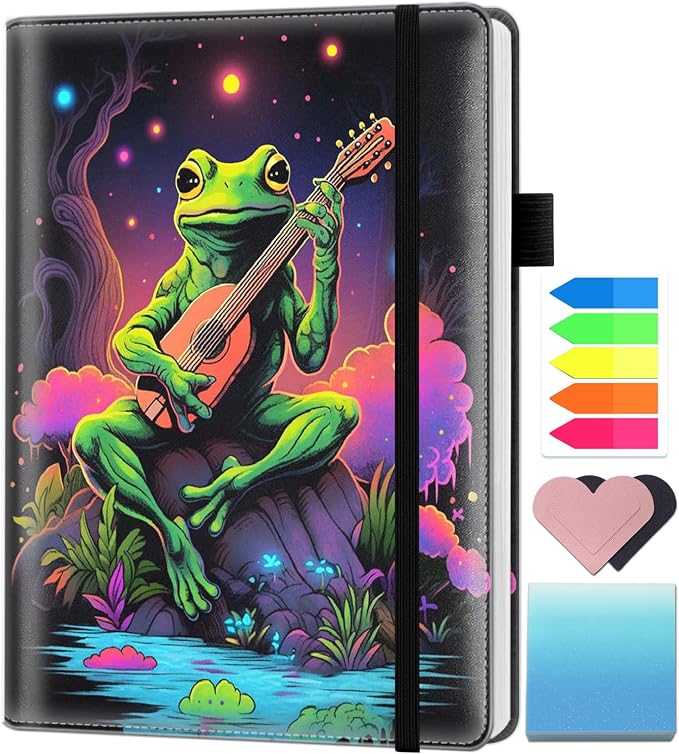 A5 Leather Lined Journal Notebook, 200 Pages Hardcover Executive Notebook for Men Women Office School Note Taking, Thick Writing Paper Daily Journal with Bookmarks/Indexes, Watercolor Frog