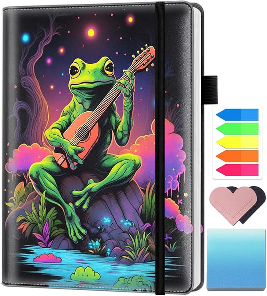 A5 Leather Lined Journal Notebook, 200 Pages Hardcover Executive Notebook for Men Women Office School Note Taking, Thick Writing Paper Daily Journal with Bookmarks/Indexes, Watercolor Frog