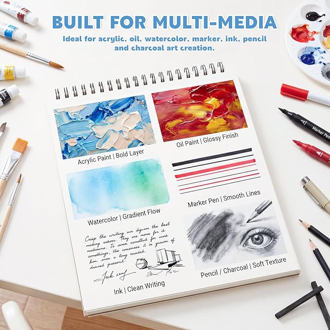 Acrylic Paper Pad 8.5 x 11 in, 25 Sheets, 400Gsm, Top Spiral Bound | Heavy 246Lb Paper, Mixed Media For Acrylic, Oil, Marker & Ink, Perforated Tear-Out Pages, Lays Flat For Class Or Studio