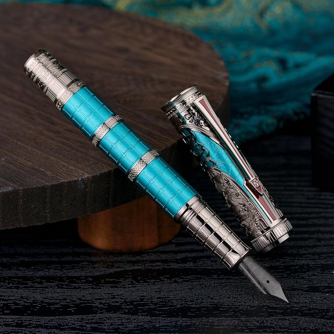 Hongdian D5X Fountain Pen Turquoise Color Fine Nib, Qin Dynasty Retro Chinese Totem Engraving Smooth Writing Pen with Converter and Pen Box Set