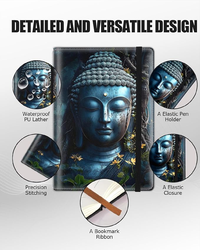 Hardcover Executive Notebooks, A5 PU Leather Lined Journal Notebook, 200 Pages Thick Paper Subject Notebooks for School,Work,Home Writing Business Notebook, Diary Book, Buddha Statue in Forest