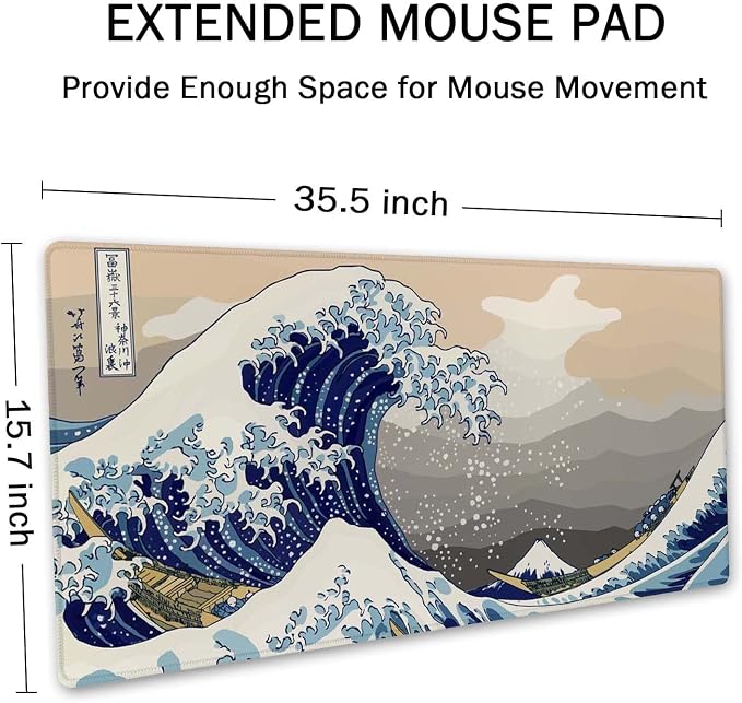 SSOIU Extended Gaming Mouse Pad (35.5x15.7 in), Large Stable Rubber Base Mousepad with Stitched Edges, Keyboard Mouse Mat Desk Pad for Work, Game, Office, Home - Great Wave Off Kanegawa