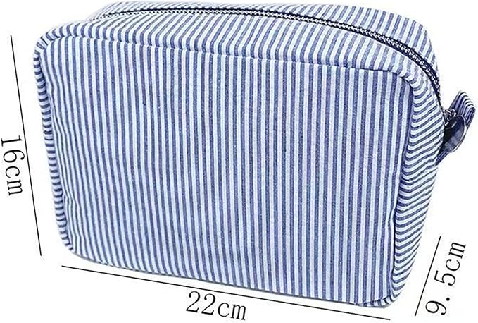 Large Capacity Striped Pencil Case Cosmetic Bag with Zipper Portable Stationery Organizer Pouch for School Students Teens Travel Toiletry Bag (Lake Blue)