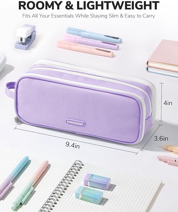 Four Candies 3-Compartment Large Pencil Case Organizer Pouch | Large Pen Bag for Stationery & Office Multi-Purpose Organizer Makeup Bag Travel Bag with Handle (Purple)