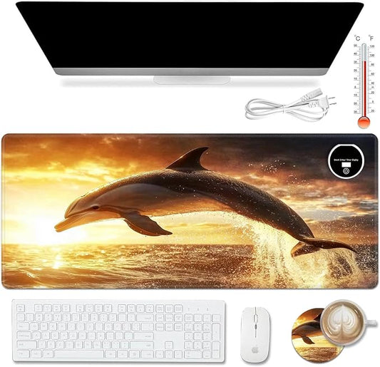 Warm Desk Pad,Heated Desk Pad,Office Mat,3 Heating Levels & 3 Hours Auto Shut-Off,31.5"*13" Gaming Mouse Laptop Keyboard Leather Desk Mat,Dolphin Sunset