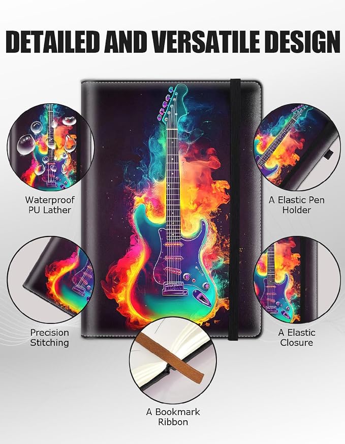 Hardcover Executive Notebooks, A5 PU Leather Lined Journal Notebook, 200 Pages Thick Paper Subject Notebooks for School,Work,Home Writing Business Notebook, Diary Book ，Guitar Colorful Music