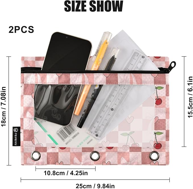 Gredecor 3 Ring Binder Pencil Pouch, Cherry Coquette Ribbon Bow (45) Zippered Pen Case Pouches with Clear Window, 2 Pack Stylish Office & School Supplie