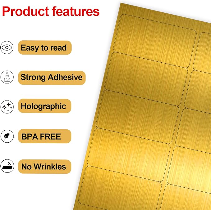 Shipping Labels Stickers, 2"×4" Gold Printable Mailing Labels for Laser/Inkjet Printing- Matte Gold, 8.5"×11"- 20 Sheet