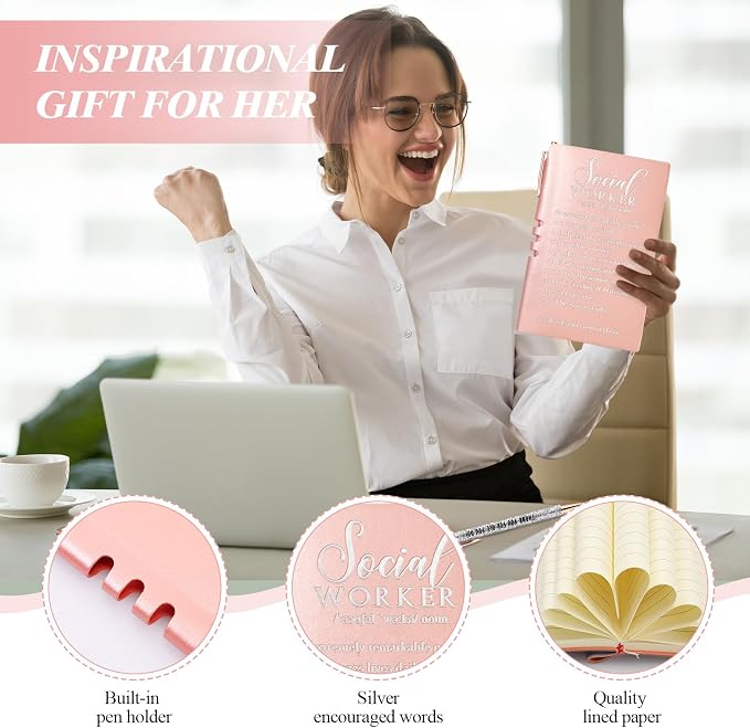Resurhang 5 Pcs School Social Worker Must Haves Office Supplies Gift Leather Journal Notebook 3 Ballpoint Pens with Box Thank You Social Work Appreciation Gift for BSW MSW DSW(Pink)