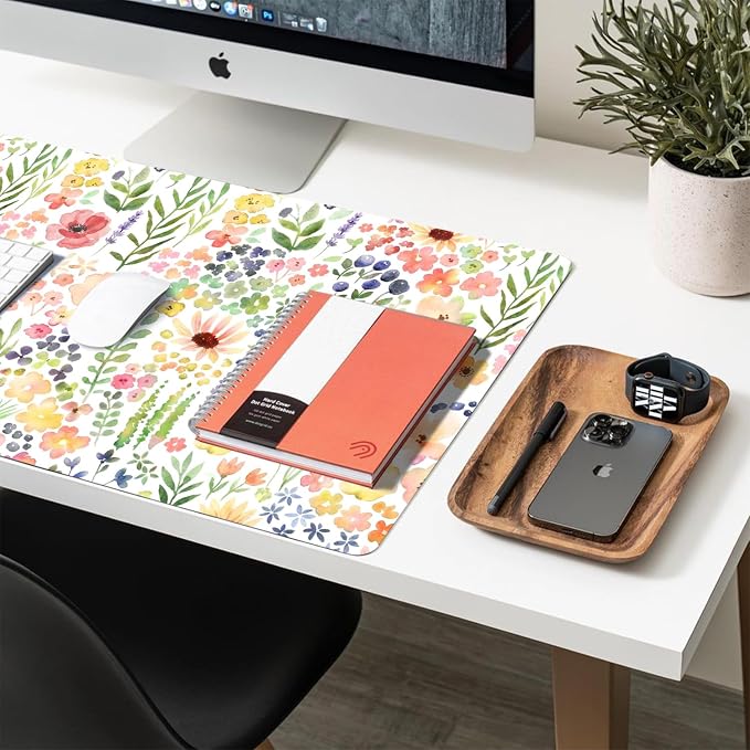 Flower Large Mouse Pad, Floral Desk Matt for Desktop, PU Leather Waterproof Desk Pad, Computer PC Laptop Protector Gaming Mouse Pads for Women Office Decor (23.6" x 11.8")
