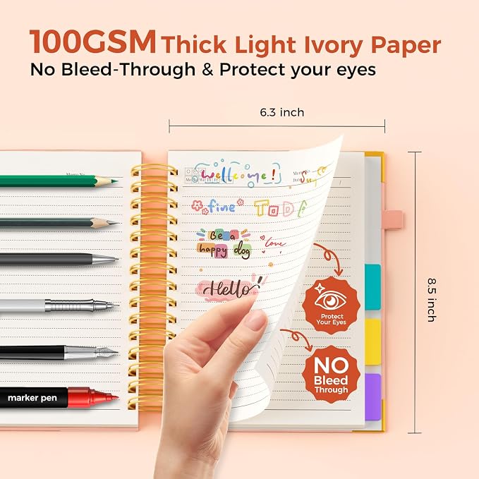 XYark A5 Hardcover Spiral Notebook, 6.3"x8.5" College Ruled Notebooks with Removable Dividers Tabs & Ruler, 5 Subject Notebook 300 Pages, Small Lined Journal for Women School Work Office, Light Pink