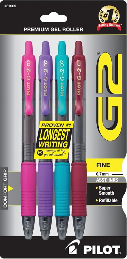 PILOT G2 Premium Refillable and Retractable Rolling Ball Gel Pens, Fine Point, Purple/Pink/Turquoise/Burgundy Inks, 4-Pack (31065)