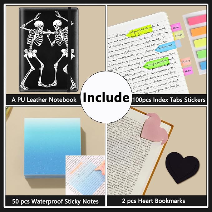 A5 Leather Lined Journal Notebook, 200 Pages Hardcover Executive Notebook for Office Note Taking,Thick Writing Paper Daily Journal with Bookmarks/Indexes,Day of The Dead Halloween Skeleton Dancing