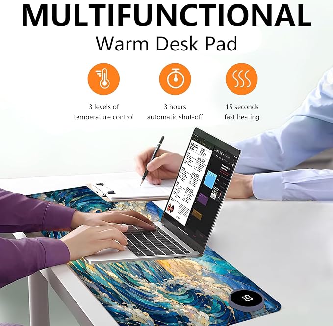 Large Heated Mouse Pad–23.6" x 14.2" Desk Mat for Office | 3 Adjustable Heat Levels,Auto Shut-Off After 3 Hours for Safety,Keeps Hands Warm While Working，Art Wave