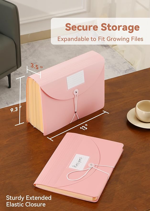 SortRax Accordion File Organizer 12 Pockets, Monthly Bill Receipt Tax Organizer, Expanding File Folders with Larger Bright Tabs, Fits Letter/A4 Size - Pink