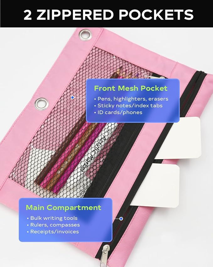 3 Ring Binder Pencil Pouch - Oxford Fabric Pencil Case with 2 Zippered Pockets, Clear Mesh Window Pencil Bag, B5 Size for Office & Travel Supplies (Pink)