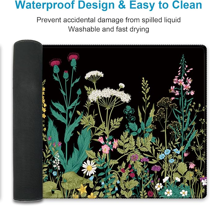 XXL Waterproof Office Desk Pad Protector 35.4x15.7 Inch - Extended Gaming Mouse Pad with Non-Slip Rubber Base, Thickened Keyboard Mat, Stitched Edges & Weeds Design