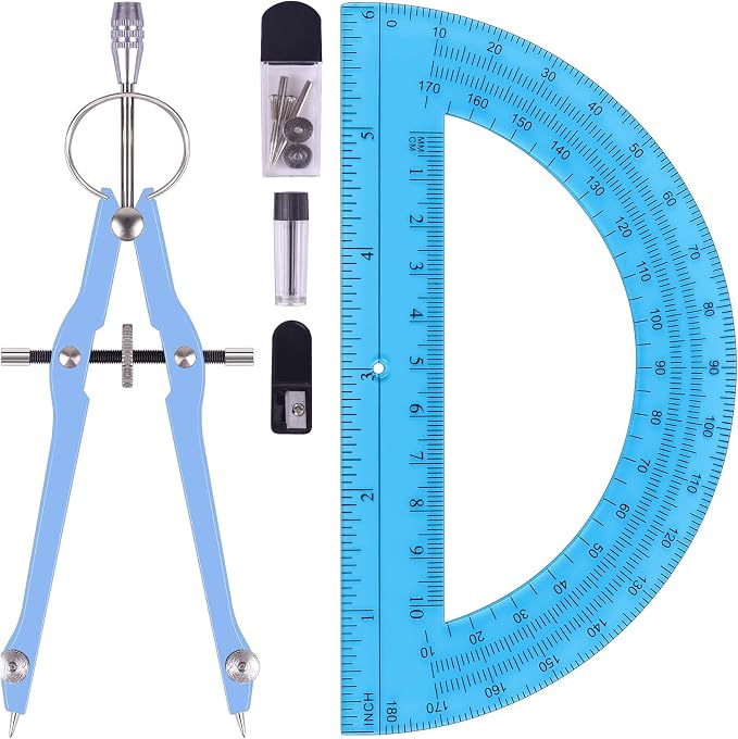 Unjoo Compass and Protractor Set, Math Compass for Geometry (Blue) | Professional Drawing Compass Tool, Metal Compass with Extra Refills, 6 Inch Math Protractors 180 Degree, For School, Office