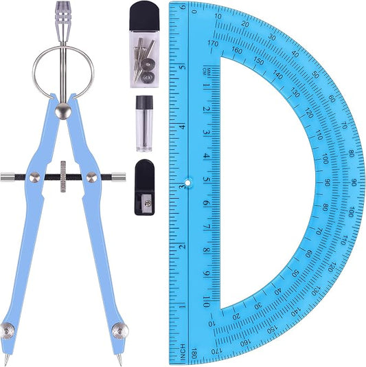 Unjoo Compass and Protractor Set, Math Compass for Geometry (Blue) | Professional Drawing Compass Tool, Metal Compass with Extra Refills, 6 Inch Math Protractors 180 Degree, For School, Office