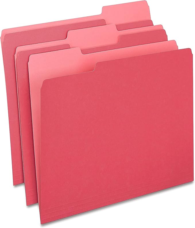 Staples File Folder, Letter Size, 1/3‑Cut Tab, Red, Durable Paper Stock, 200/Carton