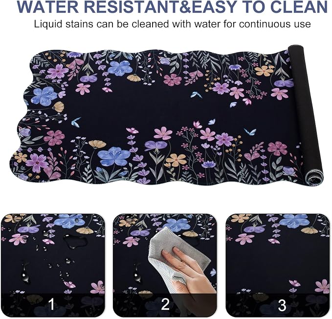 L-SPOUTTO Floral Mouse Pad,Botanical Desk Mat XXL Large Scalloped Black Gaming Mousepad,35.4x15.7in Non-Slip Rubber Base Keyboard Pad Waterproof Desktop Mat for Laptop Computer Game Home Office-Flower