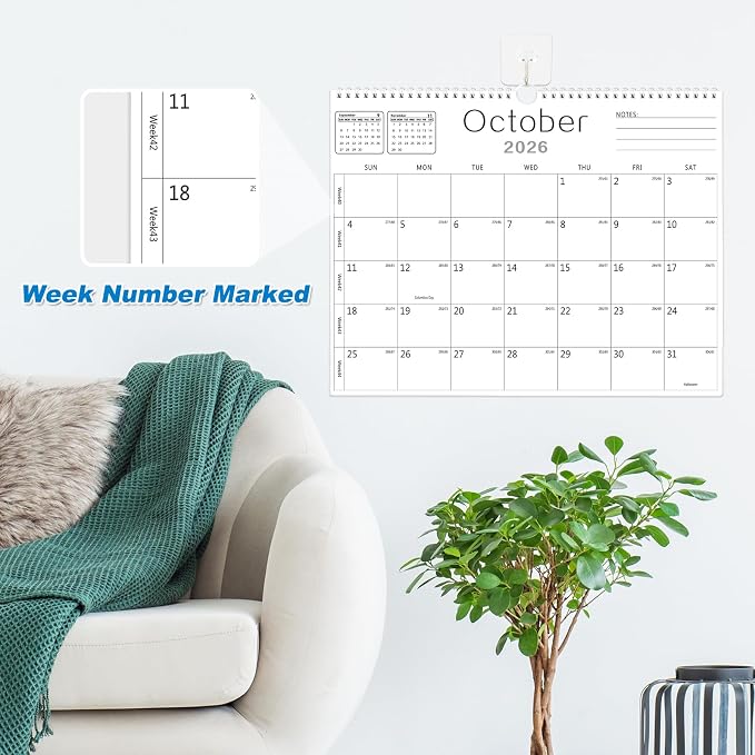 MZD8391 Calendar 2026-2027, Wall Calendar 2026-2027 From July 2026 To December 2027 18 Months, 14" x 11" Paper Calendars with Julian Date and Blank Block for New Year