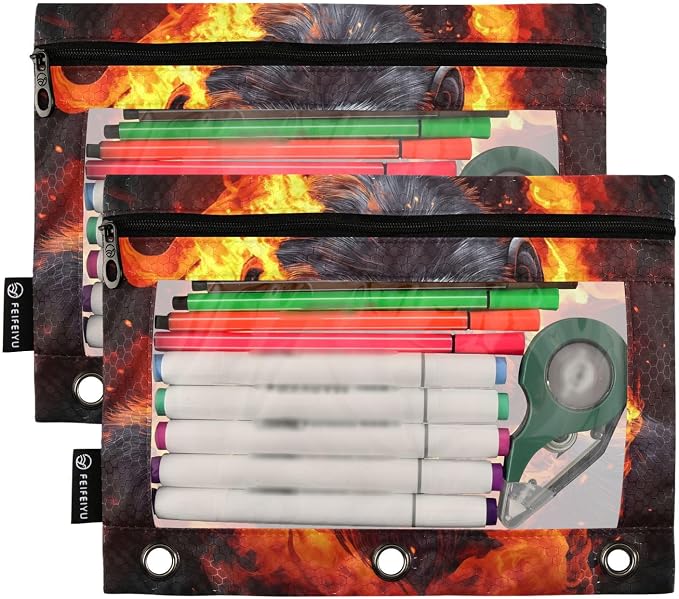 Fierce Gorilla King Kong Pencil Pouch for 3 Ring Binder 2 Pack Zipper Binder Pencil Bag with Clear Window Pencil Case for Office Supplies