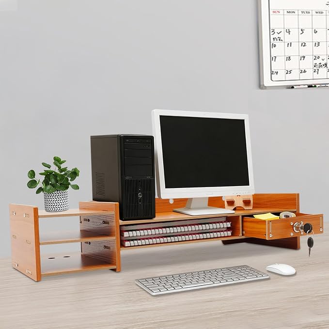 Computer Monitor Stand, Wooden Monitor Riser with Lockable Drawer and Storage, Multi Wooden Desktop Storage Stand for Laptop Printer Screen and Office Supplies Organizer, 25.2" x 7.87" x 5.33" (1 Drawer)