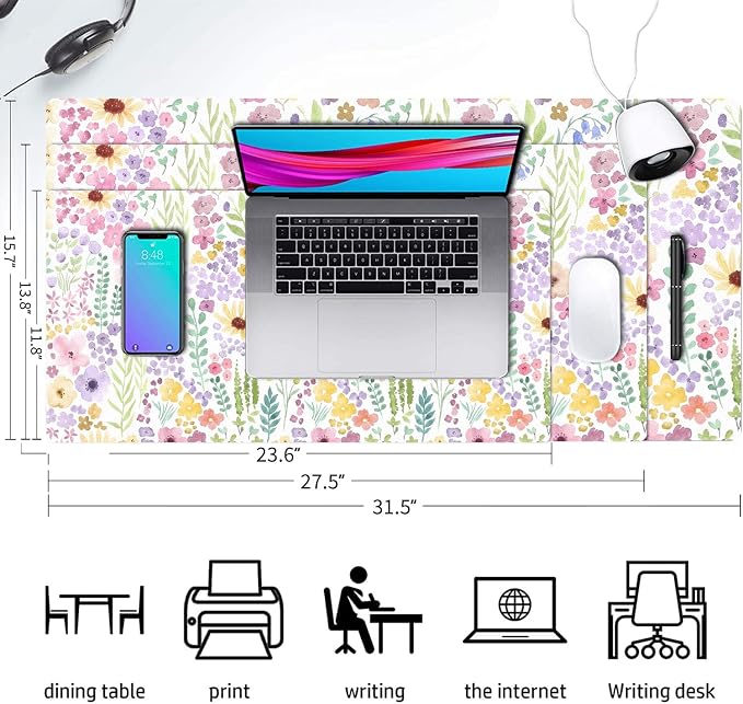 Flower Large Mouse Pad, Floral Desk Matt for Desktop, PU Leather Waterproof Desk Pad, Computer PC Laptop Protector Gaming Mouse Pads for Women Office Decor (23.6" x 11.8")