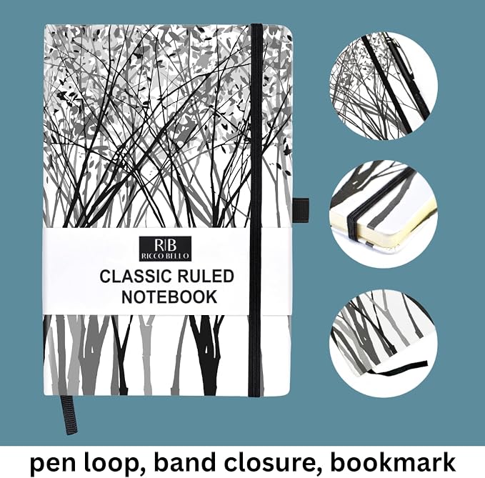 RICCO BELLO Lined Journal Notebook, Black and White Tree, Hardcover | With Pen Holder, College Ruled, 96 Sheets / 192 Pages, 5.7 x 8.4 Inches, For Work, Notes