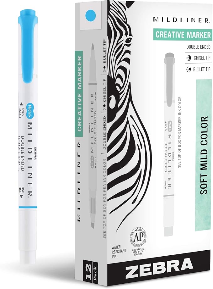 Zebra Pen MILDLINER No Bleed Highlighter, Cyan Color, Dual Tip, 12-Pack | Broad and Fine Point Tip Marker Set, Ideal for Bible Highlighting, Journaling, Office, School and Teacher Supplies (78560upc)