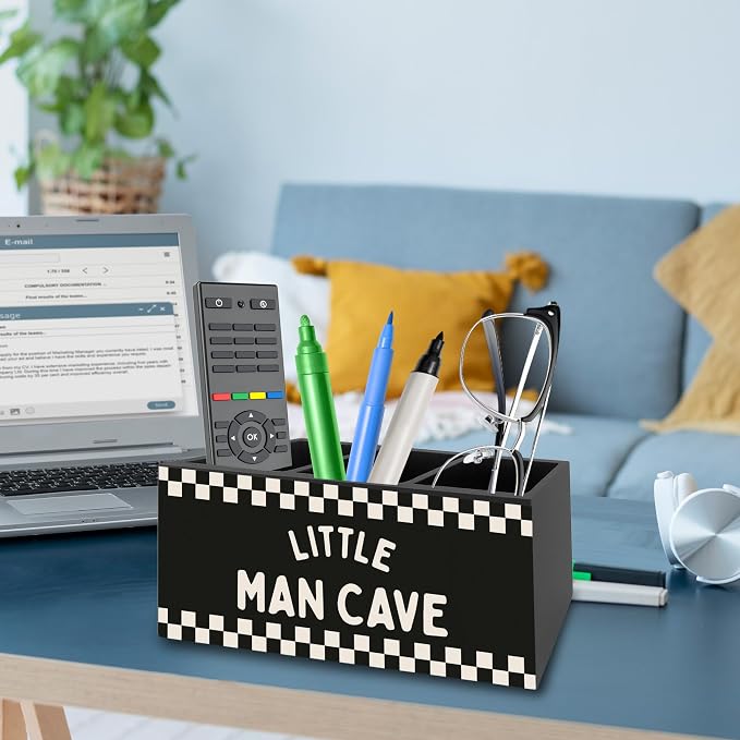 Boys Room Pen Pencil Holder Organizer for Desk, Little Man Cave Black Checkered Wooden Box Signs Decorations for Kids Boys Nursery Bedroom Playroom Desk Tabletop, Race Car Room Decor