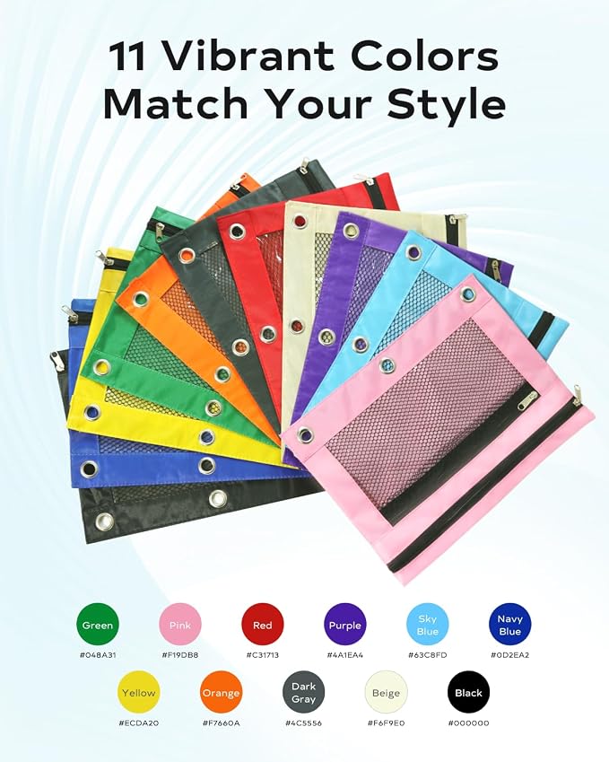 Pencil Pouch for 3 Ring Binder - 3 Hole Zipper Pen Case Bag Holder Bulk Accessories Clear Window Aesthetic Organizer Pockets
