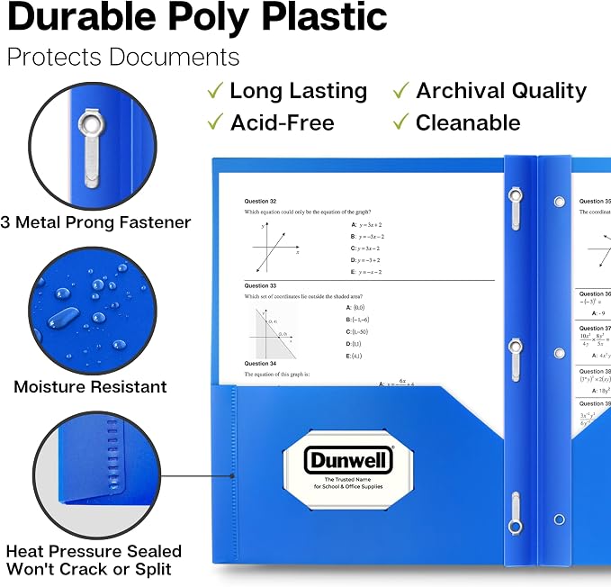 Dunwell Plastic Folders with 3 Prongs, (12 Pack, Blue), 2-Pocket Folders with Fasteners, Durable Acid-Free Poly for Long Term Use, Labels Included