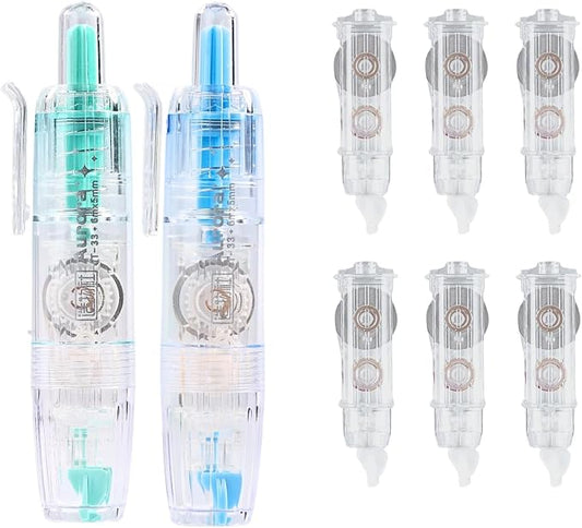 Refillable Correction Tape, 157 ft Total – 2 Pre-Filled Dispensers + 6 Snap-In Refills, School & Office, Blue+Green