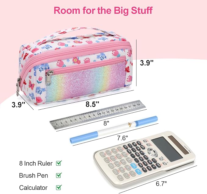 Large Pencil Case for Girls - Aesthetic Pencil Pouch for School | Kids Pencil Case & Wide Handle, Water Resistent Organizer Box,Fits 50 Pens & Markers, Daily Use, Floral Butterfly
