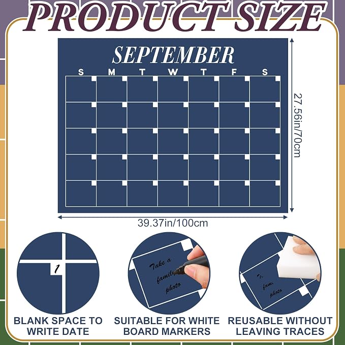 12 Pcs Extra Large Undated Calendar 40‘'x 27.5‘' Large Classroom Wall Calendar 12 Month Big Dry Ease Reusable Planning Yearly Rainbow Planner for Office Home Educational Study Back to First Day Class