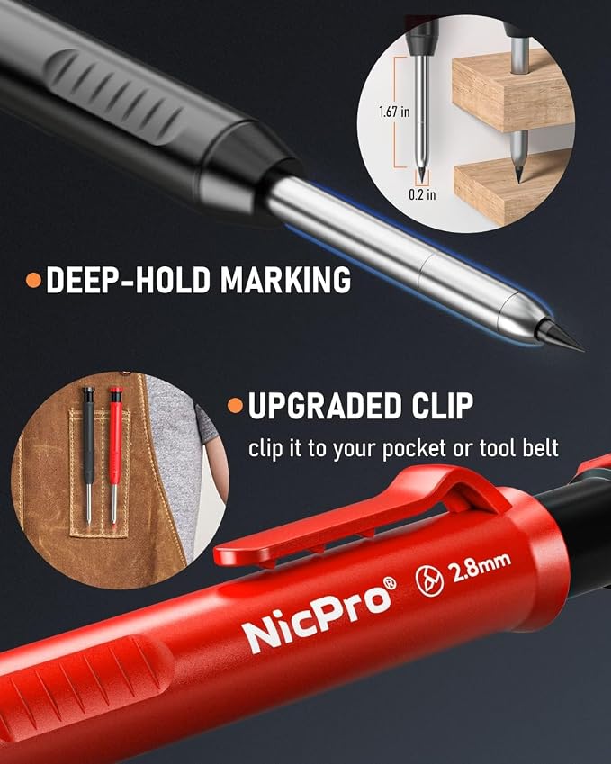 Nicpro 6 Pack Carpenter Pencil with Sharpener, Mechanical Carpenter Pencils with 48 Refill (Black,Red,Yellow,Blue,Green,White), Deep Hole Marker Construction Pencil, Heavy Duty Woodworking -With Case