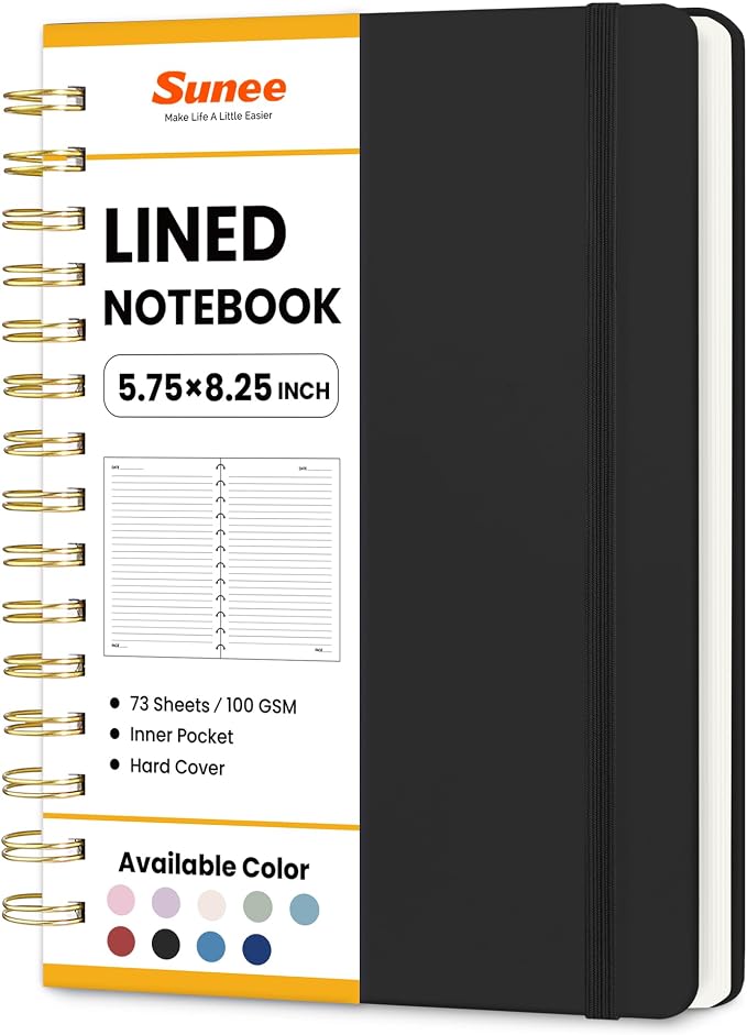 SUNEE Lined Spiral Journal Notebook for Women, 146 Pages College Ruled Hardcover Journaling Notebook for Work, Note Taking and Office School Supplies, A5 -Black