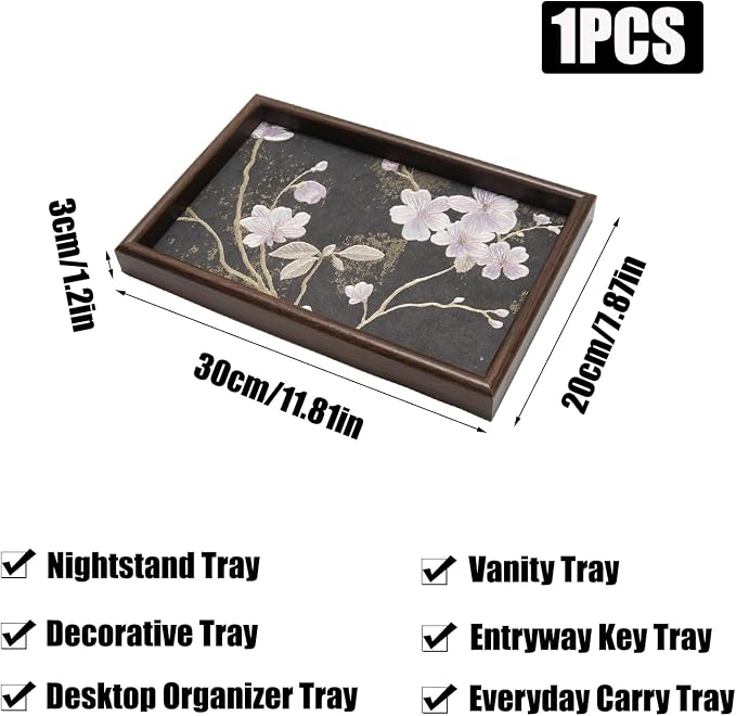 Wooden Valet Tray with Floral Base, EDC Catch All Tray Nightstand Entryway Table Vanity Organizer 11.8x7.9, Black Vintage Blossoms
