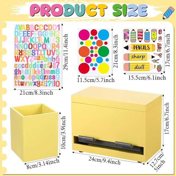 Mifoci 8 Pcs Wooden Pencil Dispenser Kit for Classroom Wooden Pen Holder Straw Dispenser Sharp and Dull Letter Stickers for Teachers Classroom Supplies Storage (Yellow)