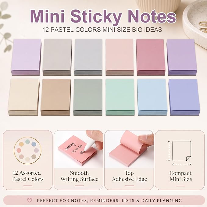 Fainne 120 Pads Sticky Notes Bulk 1.5 x 2 Inch Mini Self Stick Note Small Assorted Bright Colors Paper Memo for Office School Notebook Supplies 50 Sheets/pad (Simple Style,Soft Color)